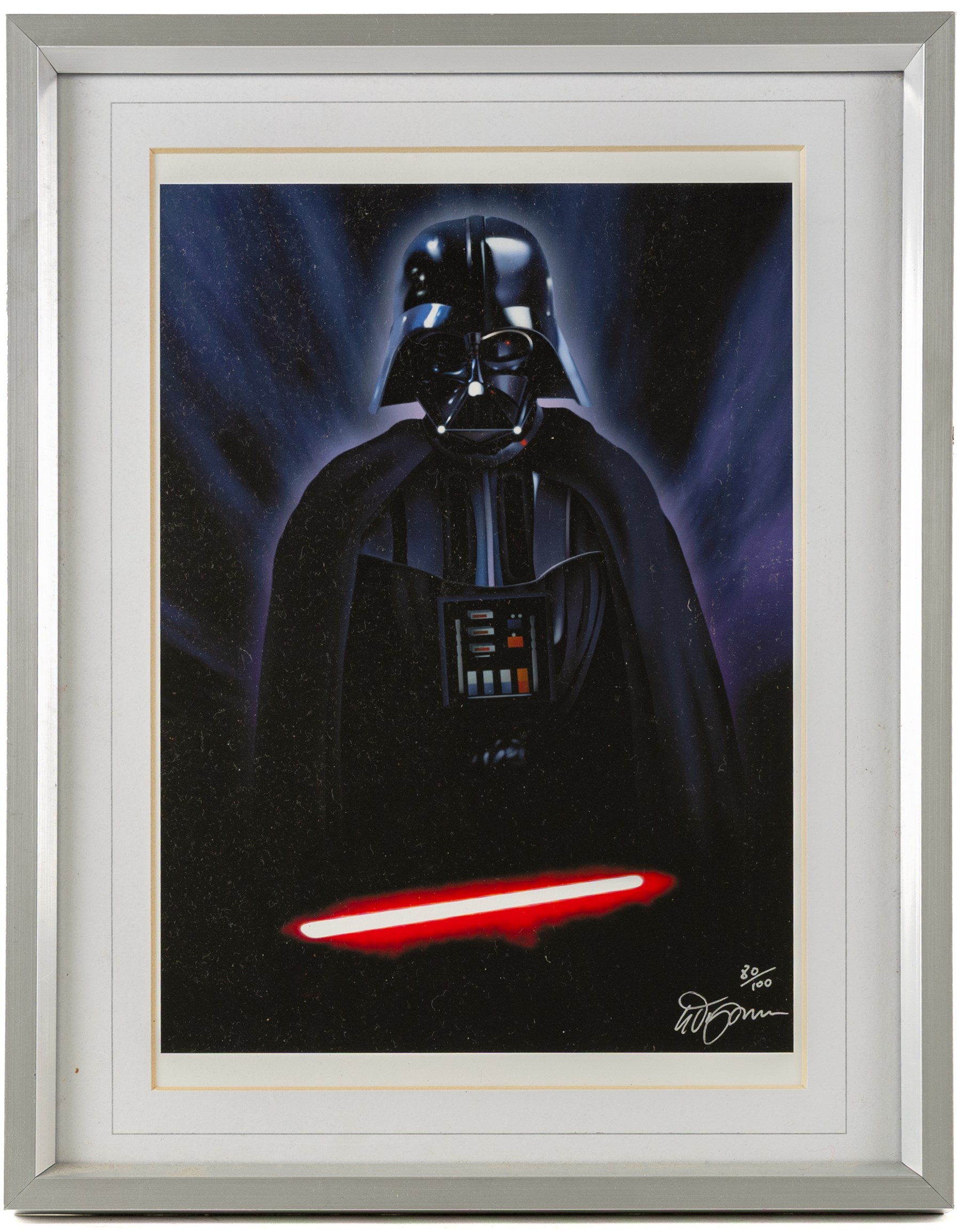 Five framed Cards Inc Star Wars Revenge of the Sith prints, comprising Mace Windu, Yoda, C-3PO, Darth Vader and R2-D2, the R2-D2 example signed by actor Kenny Baker, together with a collection of six smaller limited edition Star Wars art prints, largest H39cm (11)