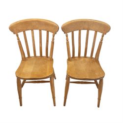 20th-century stripped pine dining table with four beech farmhouse kitchen chairs came, rectangular top with moulded edge and rounded corners, raised on four turned legs, chairs with curved back and turned supports with solid shaped seat raised on turned legs united by stretchers, W37xD39xH84cm