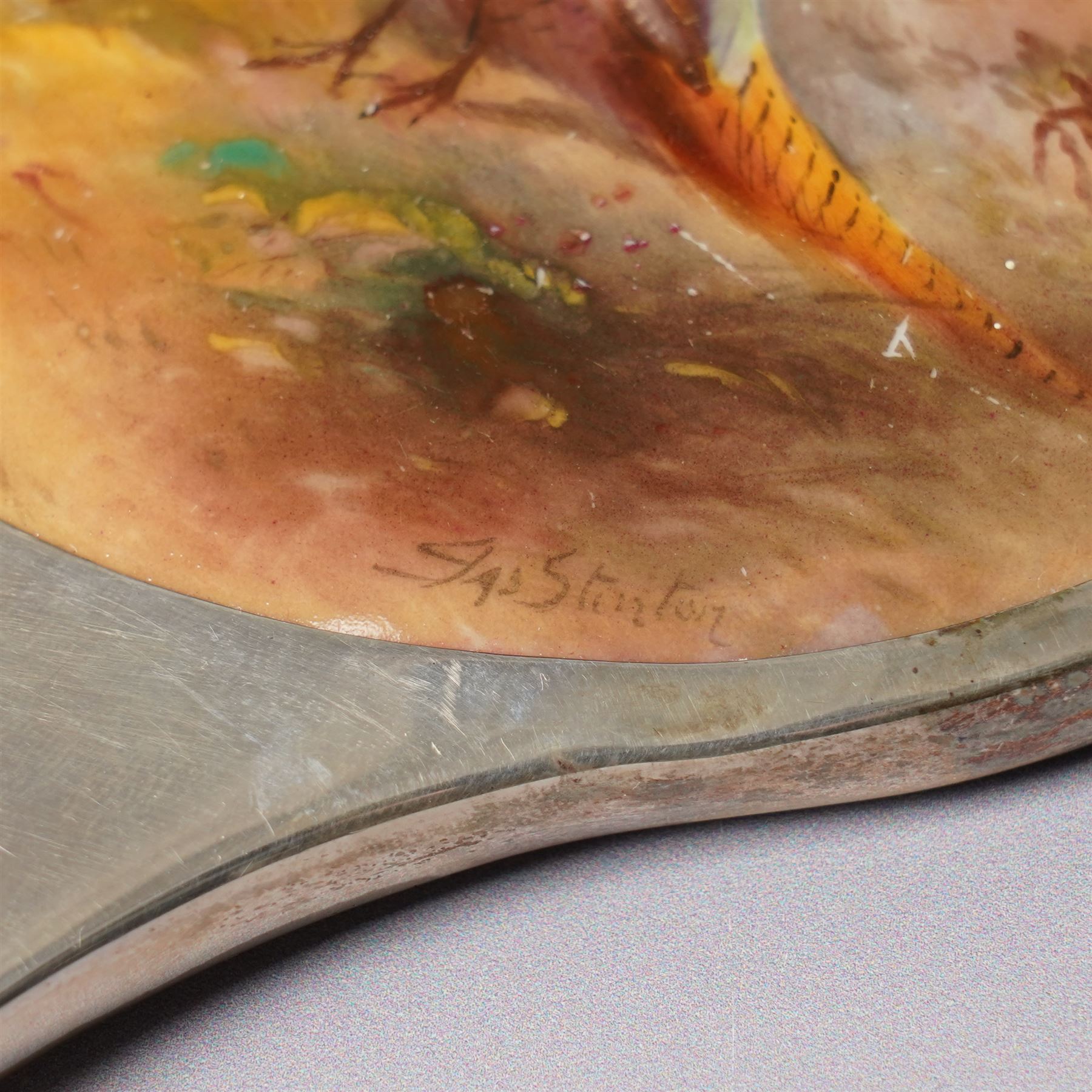 Silver backed brush and hand mirror inset with painted Royal Worcester panels by James Stinton with pheasants in a woodland clearing Birmingham 1929 Maker Sanders and Mackenzie