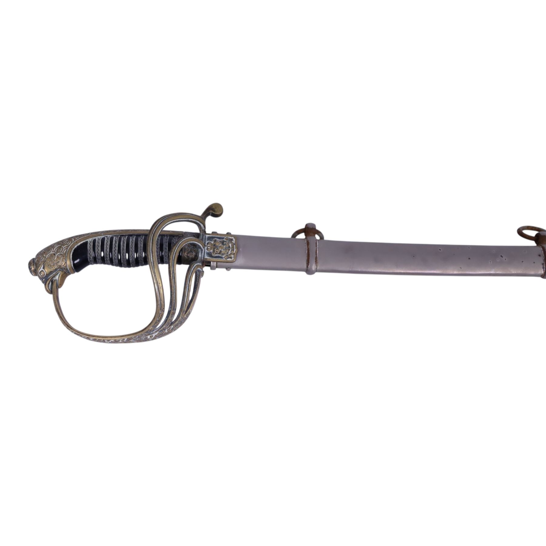 Spanish Dress Sword, 80cm single edge steel blade, etched Fabrica de Toledo, the nickel hilt with pierced guar, wire bound grip and eagle head pommel, with steel scabbard, overall L100cm