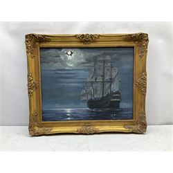 K Kirby (British 20th century): Moonlight Galleon, oil on board signed, titled verso 43cm x 54cm