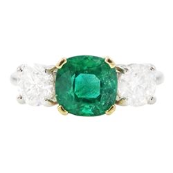 Platinum emerald and diamond three stone ring, single cushion cut emerald of approx  1.85 ...