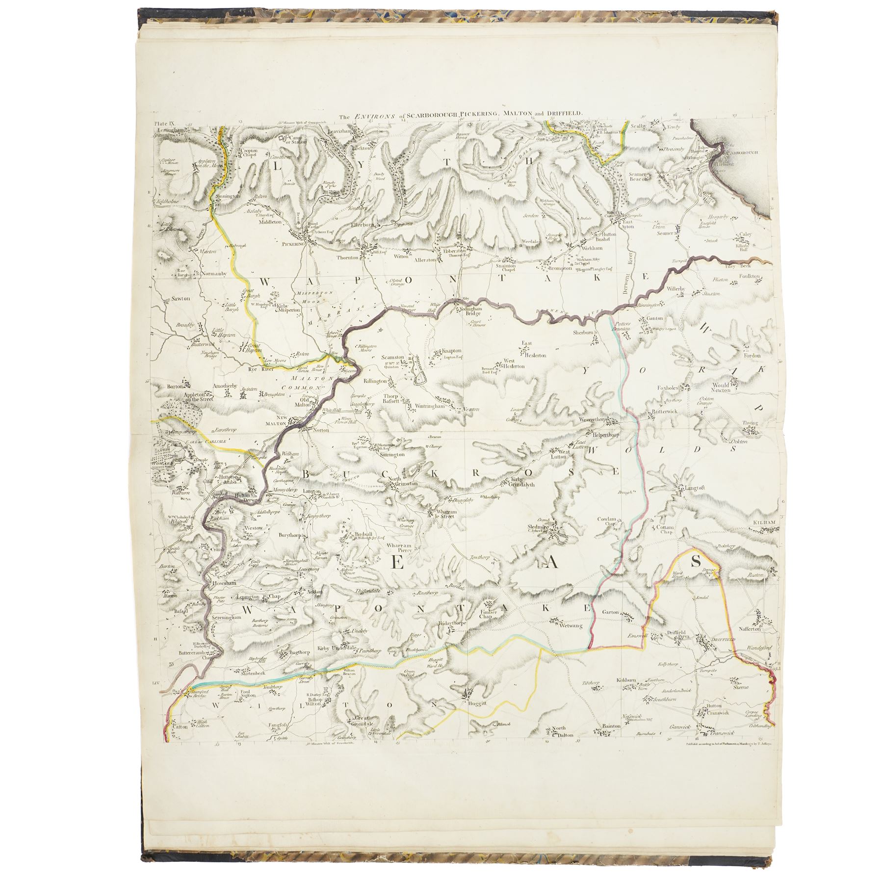 Thomas Jeffreys (British Geographer to King George c.1710-1771): 'Maps of the County of York 1771', complete folio atlas containing twenty double-page engraved maps of Yorkshire with decorative cartouches and vignettes, bound in marbled boards with leather spine 61cm x 41cm