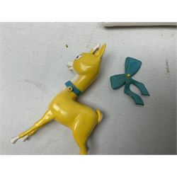 Breweriana; Eight Babycham glasses together with a Babycham plastic fawn mascot and linen I'd Love a Babycham tea towel