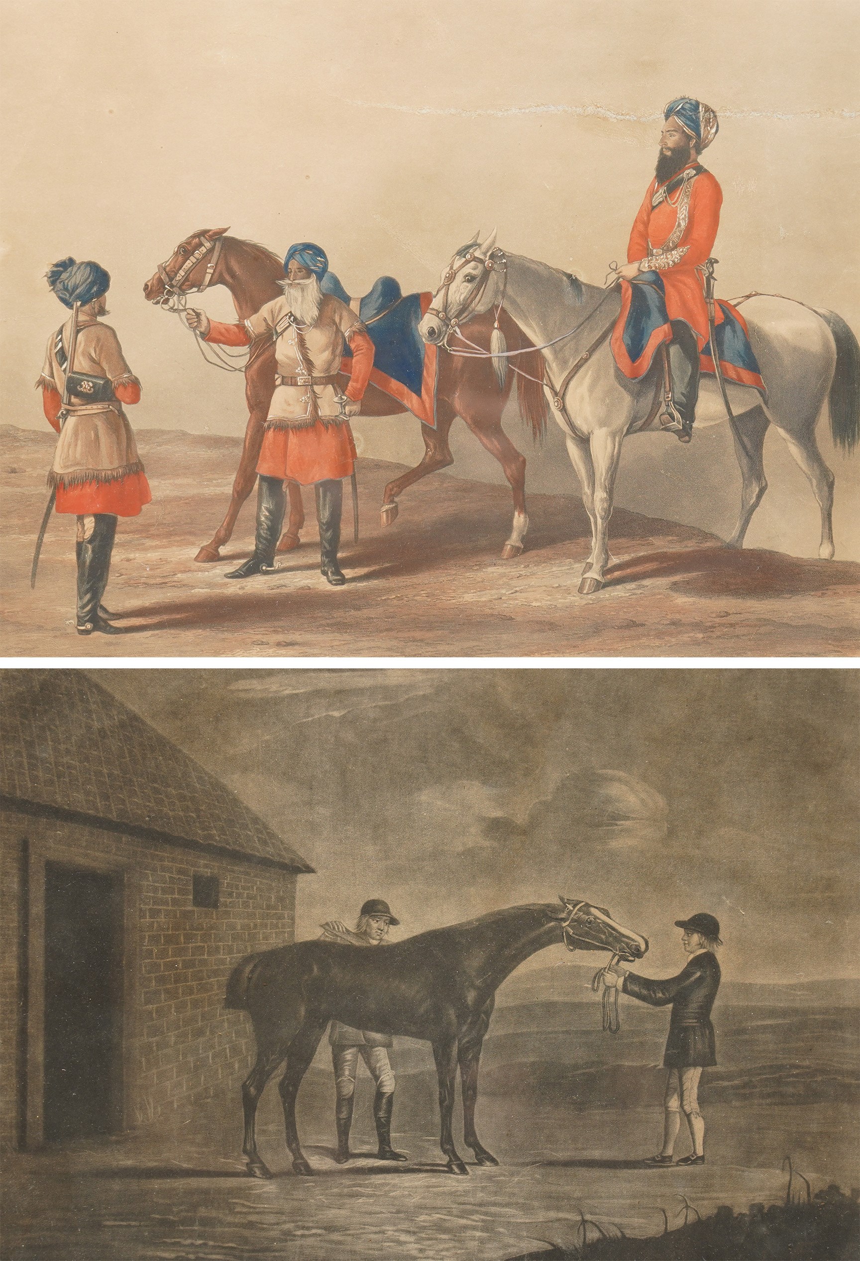 John June (British fl.1740-1770) after Francis Sartorius (British 1734-1804): 'The Famous Horse Pumkin', etching p.1794 unsigned 25cm x 35cm; John Harris Jr. (British 1791-1873) after Major General Walter Fane (British 1828-1885): 'Portraits - 2nd Punjab Cavalry', hand-coloured etching p.1856 unsigned 26.5cm x 35cm (2)