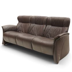 Himolla - ‘Cumuly’ lounge suite upholstered in deep aubergine leather, comprising two-seat sofa with high padded back, shaped arms and panelled upholstery (W 161cm, D 82cm, H 93cm), and three-seat sofa conforming (W 200cm, D 82cm, H 93cm)