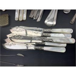 Mother of Pearl handled cutlery, with silver ferrules, comprising six fish knives and forks and six fruit knives and forks, the ferrules hallmarked Yates Brothers, Sheffield 1905, together with silver plated Edwardian three piece tea service and other flatware 