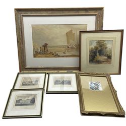 Two original watercolours, one indistinctly signed Frank *, framed print of sheep and three engravings (6)