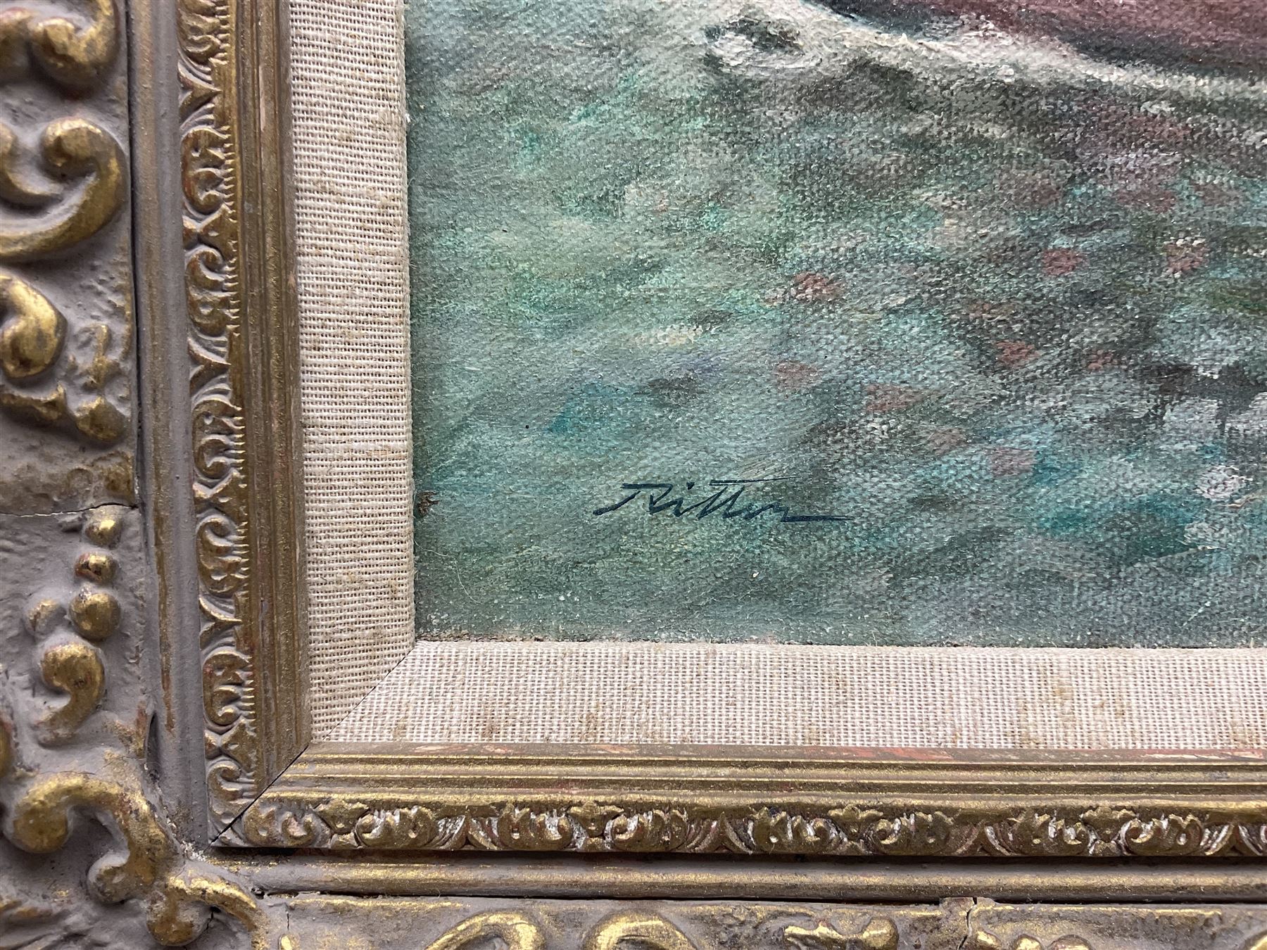 Laszlo Ritter (Hungarian 1937-2003): 'Five in a Boat', oil on canvas board signed, titled verso 29cm x 39cm