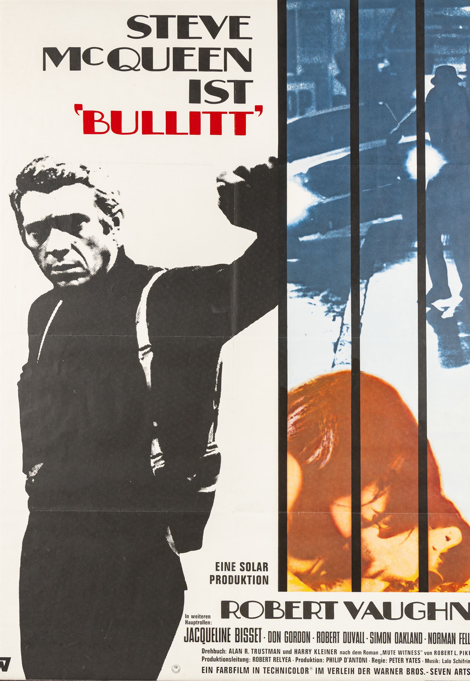 After W Scharl (20th century): German poster for the 1968 American crime thriller 'Bullitt' starring Steve McQueen, coloured print 83cm x 58cm