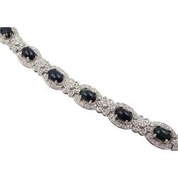 18ct white gold cabochon sapphire and diamond flower link bracelet, stamped 750, total sapphire weight approx 7.80 carat