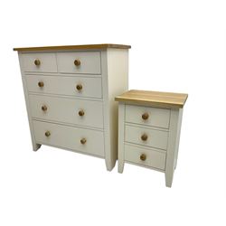 Painted chest with ash top fitted with two short and three long drawers (W90cm, H97cm, D43cm), and matching bedside chest (W46cm, H62cm, D35cm)