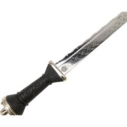 20th century Scottish Dirk, with Wilkinson Sword blade, with 29cm single edged etched blade, the leather sheath with white metal mounts in presentation box, overall L48cm 