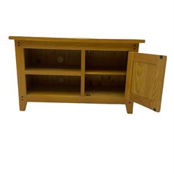 Solid light oak television stand, fitted with shelf and cupboard