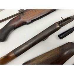 Assorted rifle and pistol spares; early Gem air rifle with sawn off barrel (piece present); telescopic sight; canvas/leather ammunition pouch; Mauser stock; barrel browning solution etc