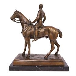 After Joseph Edgar Boehm, bronze Huntsman on horseback, upon a marble base, H40cm