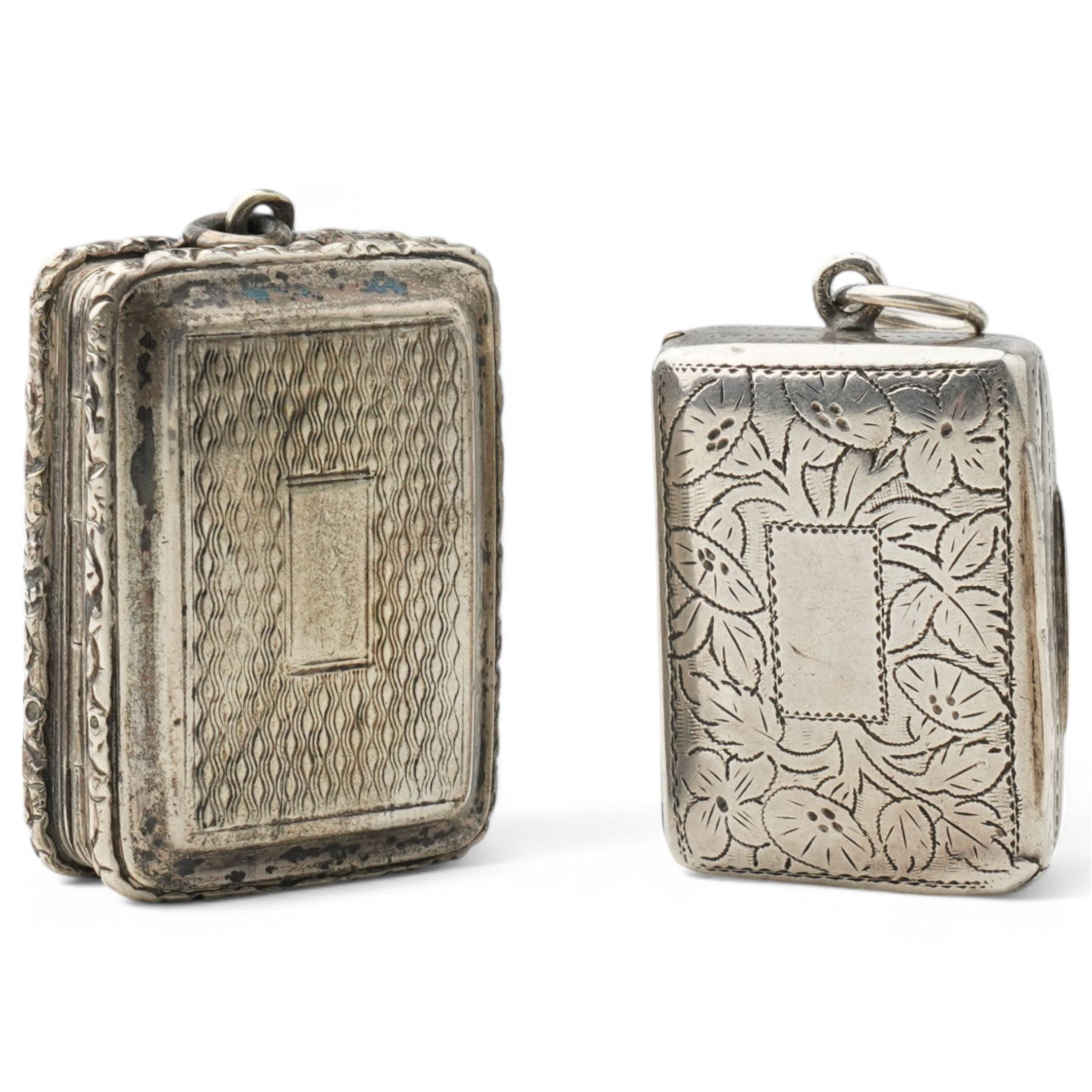 George IV silver vinaigrette with pierced and gilded grille Birmingham 1821 Maker John Shaw and a Victorian vinaigrette with engraved decoration Birmingham 1836 (2)
