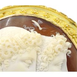 Victorian fine cameo brooch depicting Cupid and Psyche, in 18ct gold Etruscan Revival gold wirework mount, the reverse indistinctly signed Lamary, in original fitted silk and velvet lined case