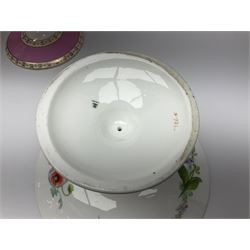 Victorian Copeland, Botanical dessert service, decorated with floral sprigs to the centre with a pink and gilt border, comprising five comports and seven plates, largest comport H20cm, plate D22cm