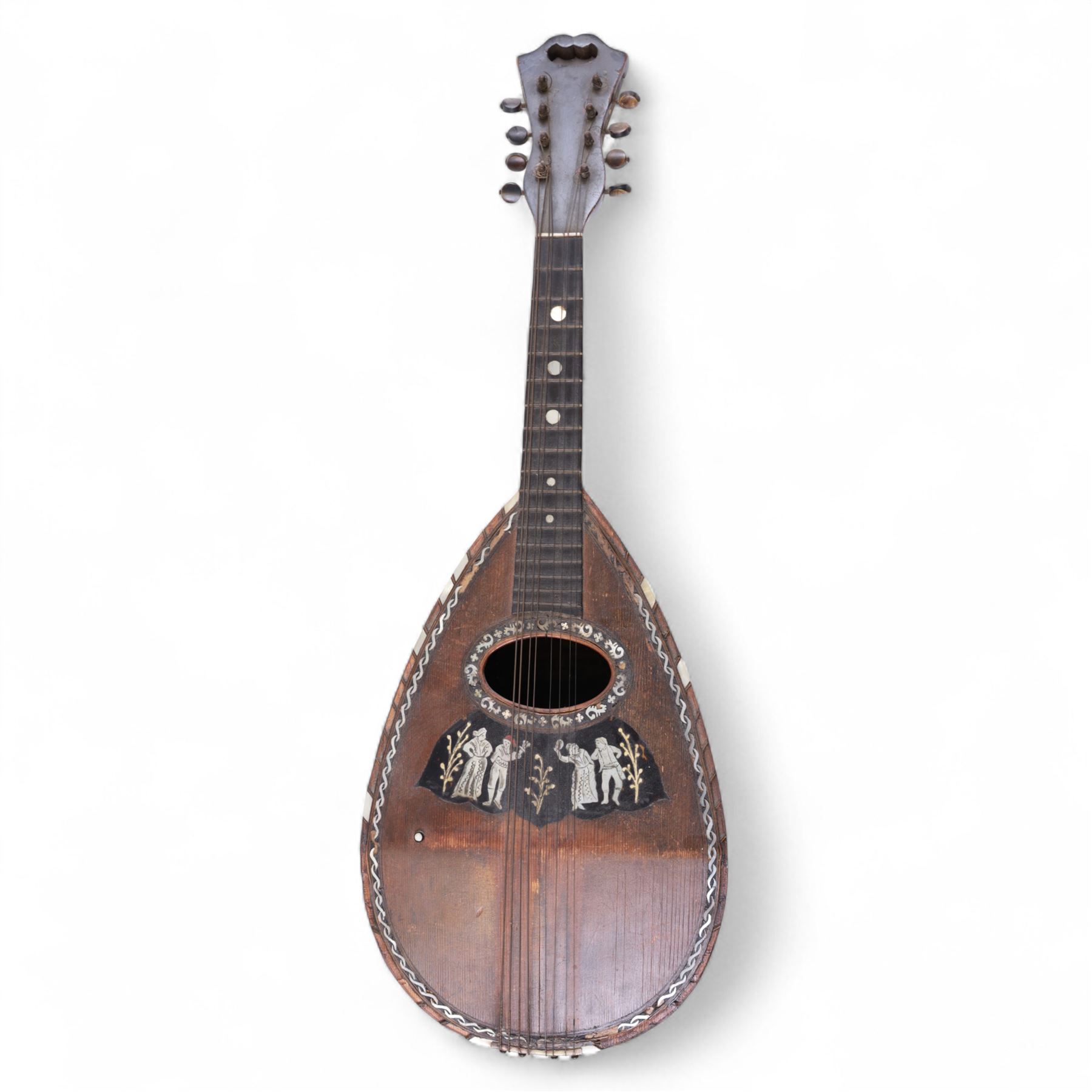 Neapolitan bowl-back mandolin with inlaid faux tortoiseshell scratch plate, inner label reads Gennaro Palumbo & Figlio