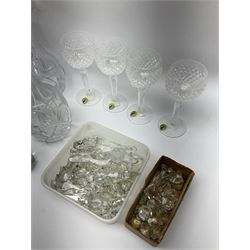 Set of four ‘Alana’ Waterford hock glasses, glass crystal drops, Edinburgh Crystal decanter, Caithness MINI 25 year anniversary decanter, and other decanters and glassware in one box