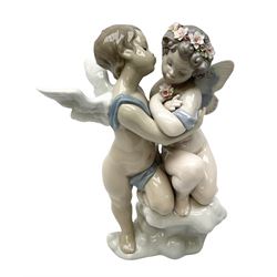 Lladro 'Heaven and Earth' figure group, modelled as two kissing winged cherubs, signed 'Fr. Polope and Angelos Cabo' with blue mark beneath, no. 3274, H59cm