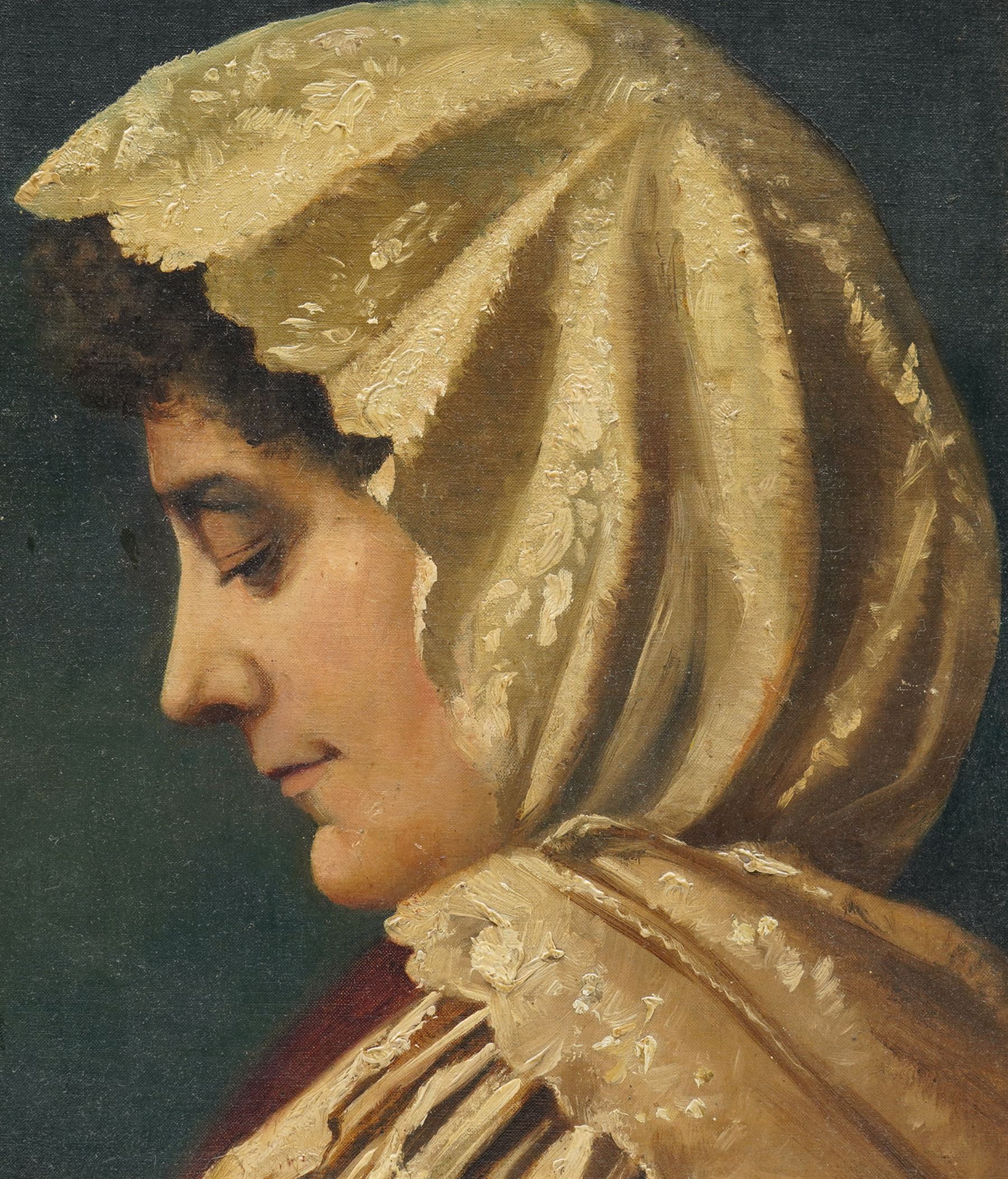 Italian School (Late 19th/Early 20th century): Side Profile Portrait of a Woman in a Headscarf, oil on canvas board unsigned, indistinctly inscribed verso 35cm x 30cm