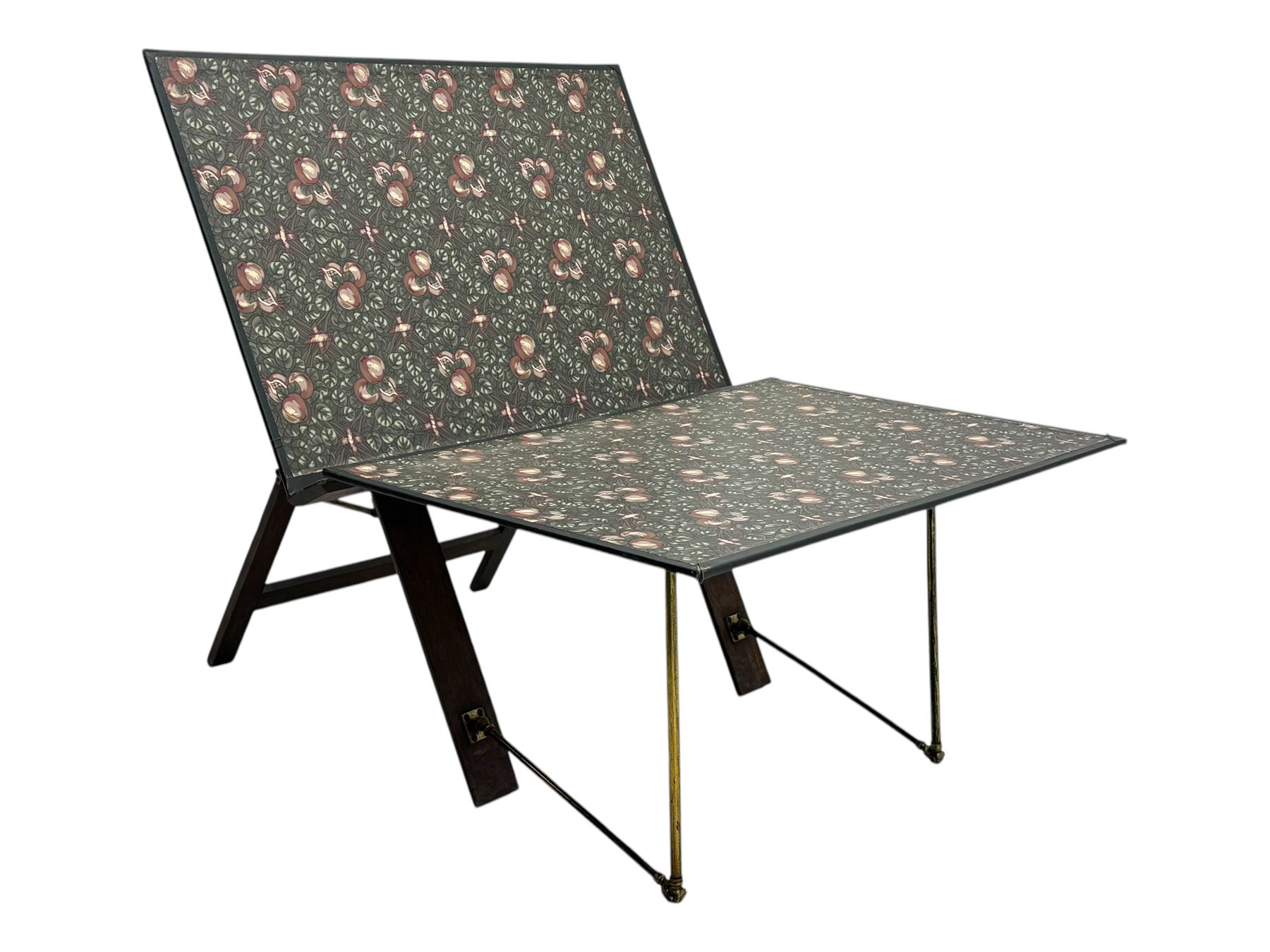 Late 20th century mahogany folding folio stand, the angled top and fold-out shelf decorated with a William Morris-style pomegranate and foliage pattern, supported by a folding A-frame structure