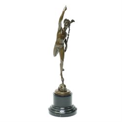 After Giambologna (Italian 1529-1608) Bronze figure of Mercury holding the caduceus on a stepped circular base with signature and foundry mark H43cm