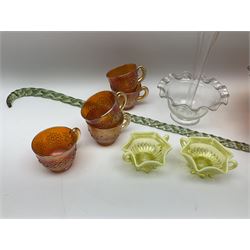 Amber carnival glass punch bowl and five cups with lustre finish, glass epergne with frilled rim and tall central trumpet, two lemon vaseline twin handled cups and a Victorian frigger cane, H87cm