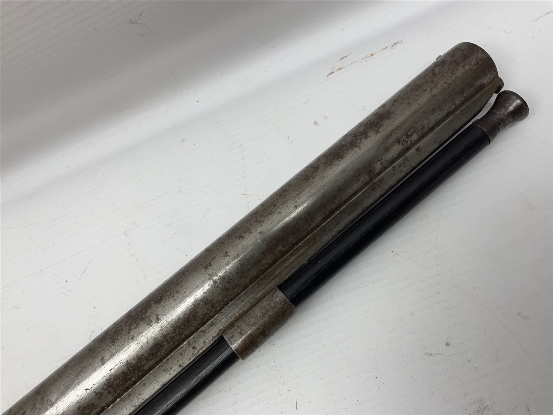 19th century take down 'cripple stopper' single barrel percussion gun, removable walnut stock with bayonet style fitting, chequered grip and fore-end, approximately 8-bore, the 59.5cm (23