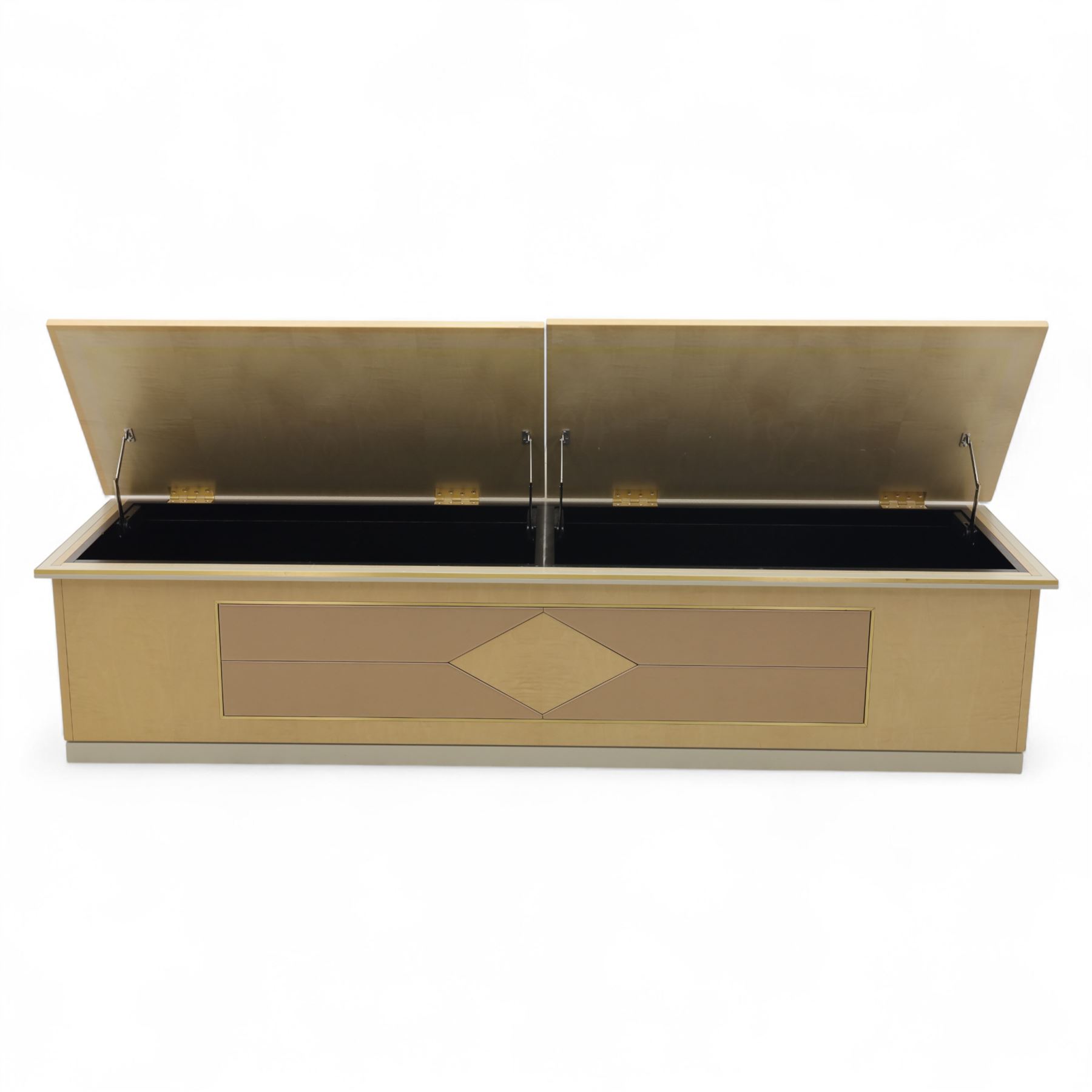 Contemporary maple veneered blanket box, twin upholstered lift-up lids revealing lined storage compartment, geometric panelled front on plinth base