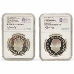 The Royal Mint United Kingdom 'His Majesty King Charles III Silver Proof Effigy Set' comprising 2022 and 2023 silver proof two pound coins each encapsulated and graded 'PF 70 Ultra Cameo' by NGC, cased with certificate
