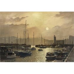 Don Micklethwaite (British 1936-): Scarborough Harbour at Sunset, oil on canvas board signed 34cm x 49cm

