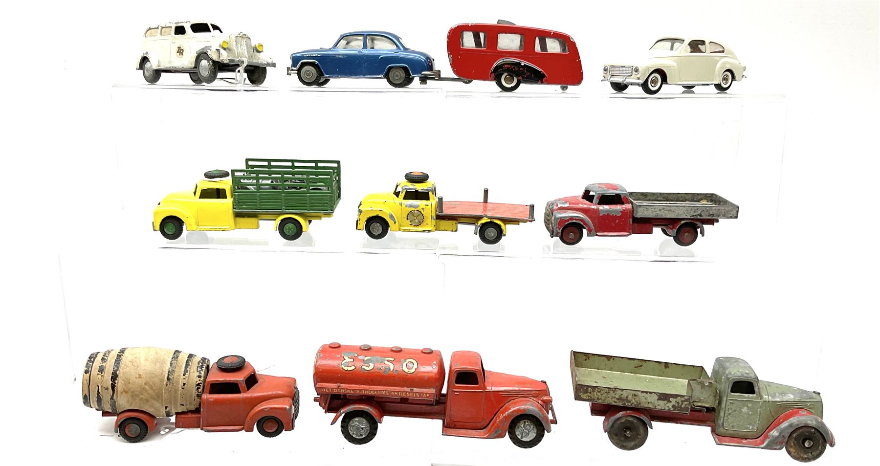 Various Scandinavian Makers - thirteen unboxed and playworn die-cast models comprising K.A. Birk & Co Copenhagen van; BT Denmark car; Stula Denmark car; six Tekno Denmark including Morris Oxford car and caravan, Esso Tanker, ambulance, open lorry, Volvo PV544 etc; three Vilmer Denmark trucks; and Minicar Norway timber lorry (13)