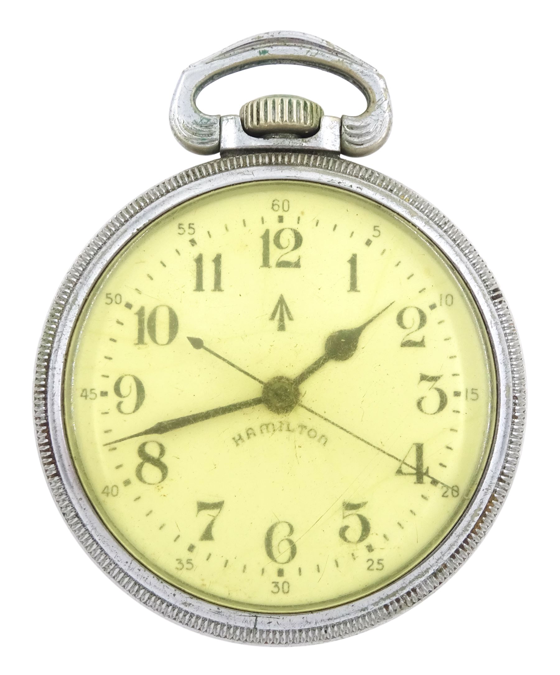 Hamilton Military Navigation Master nickle cased pocket watch, Ref. 3992B, signed dial with Military arrow, Arabic numerals, minute markers with five minute divisions, the back case inscribed 'Navigation Master Watch MFR'S Part No. 3992B ^ Serial No. 179-1942, Hamilton Watch Co'