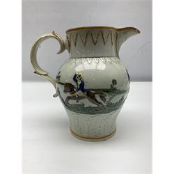 18th century Prattware jug, commemorating the Duke of York, moulded in relief with bands of stylised leaves, equestrian figures in landscape to the centre, H20cm
