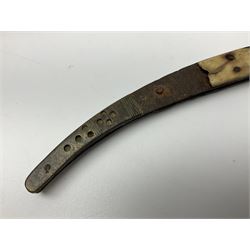 19th century continental folding knife with 15.5cm single edged blade, the pierced brass and iron handle with remains of horn grips L21.5cm overall closed; turned horn handled knife with foliate engraved blade; battlefield relic German 1884/98 knife bayonet; iron spear head; leather covered swagger stick; and two-piece gun cleaning rod