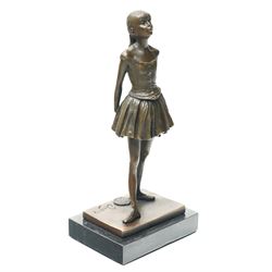 After Edgar Degas, (1834-1917), La Petite Danseuse de Quatorze Ans, small bronze figure modelled as a young female dancer, signed and with foundry mark, raised upon a rectangular base, H18.5cm