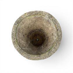 Greek design cast stone garden centre-piece urn, decorated with figures and loop handles, raised on squat pedestal, square base