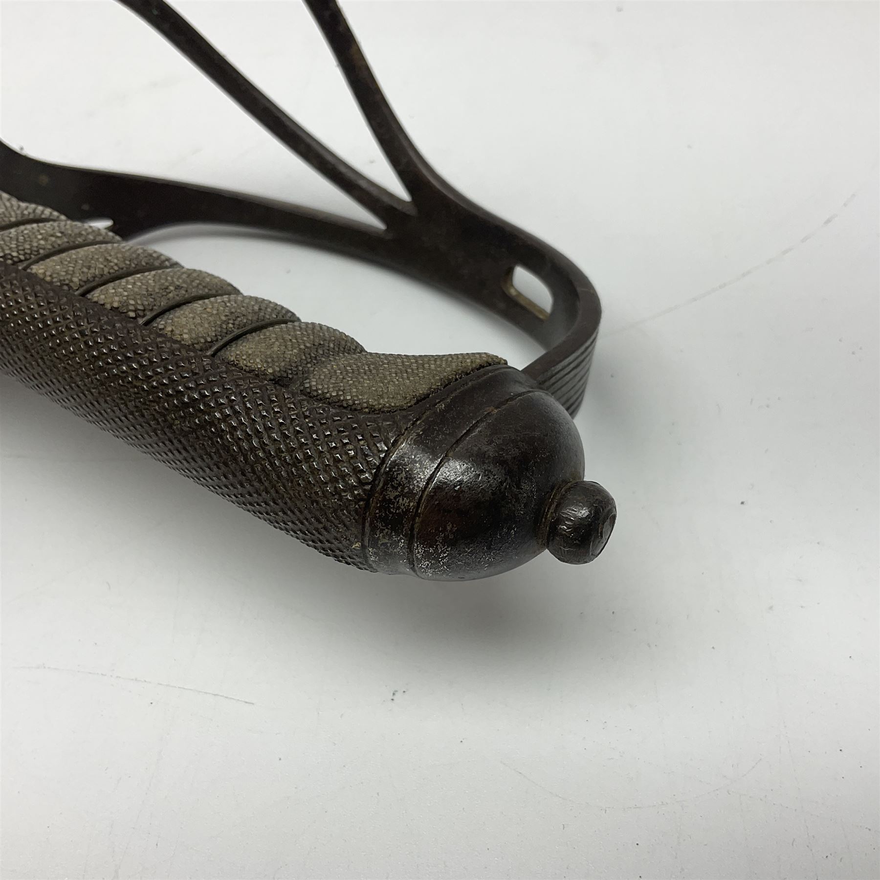 WW1 British Army 1897 Pattern Officers Sword, the 80cm fullered steel blade with traces of decoration and inscribed 'W.E. French 1914'; the basket hilt pierced with the George V cypher and wire-bound fish-skin grip L97cm overall; and WW1 British 1821 pattern Royal Artillery officer's sword with three-bar hilt; both lacking scabbard (2)