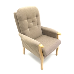  High seat light wood framed upholstered armchair, W75cm  