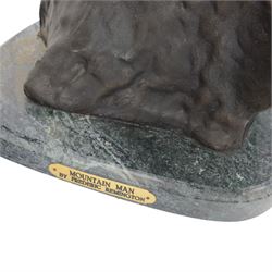 After Frederick Remington; The Mountain Man bronzed spelter figure of a native American trapper upon a marble base with plaque, H72cm