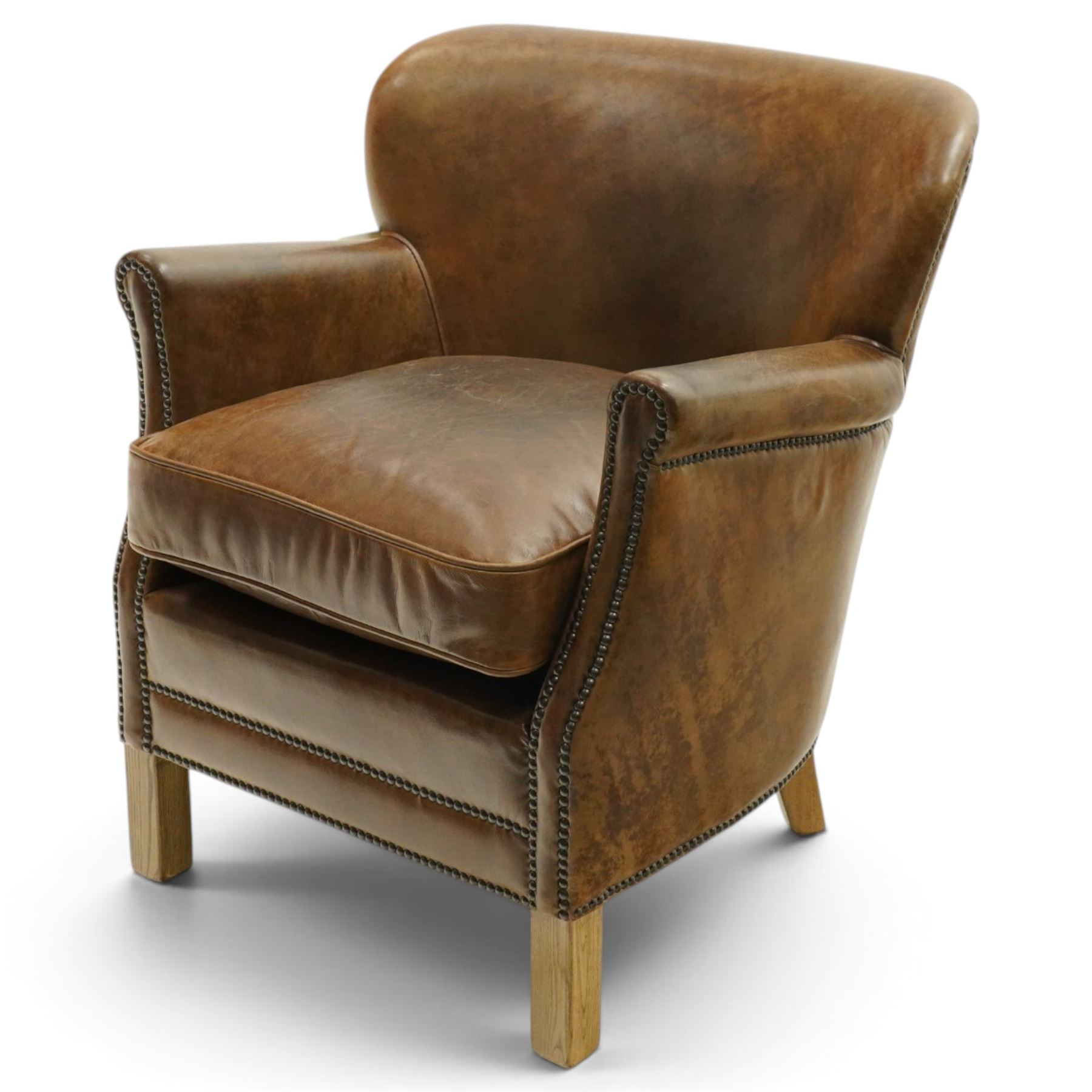 Halo - traditional tub design 'Cosy' club armchair, rolled arms with studwork terminals, upholstered in deep tan leather with loose seat cushion, on square supports