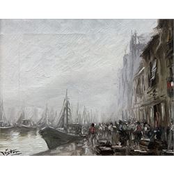 Nestor (20th century): Quayside Fish Market with Fleet in the Harbour, oil on canvas signed 21cm x 26cm