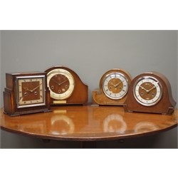  Early 20th century oak cased mantel clock in Art Deco style stepped case (W24cm), and three other early 20th century mantel clocks  