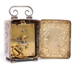 Edwardian miniature silver cased carriage clock timepiece, hallmarked Henry Clifford Davis, Birmingham 1904, the white enamel dial with roman numerals, French movement with fixed key wind, H8cm