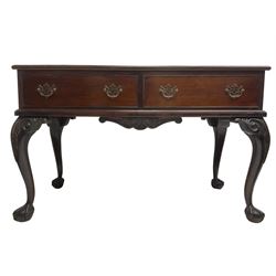 Acorn Industries - Georgian design mahogany side or console table, fitted with two cock-beaded drawers, foliate moulded apron, raised on scroll applied cabriole supports with ball and claw feet, inlaid with acorn signature, by Alan Grainger, Brandsby