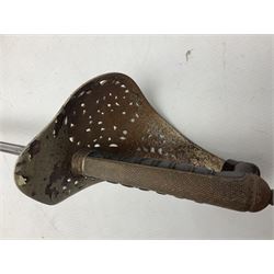 George V 1897 pattern Army Officer's sword by Henry Wilkinson Pall Mall London, the 82.5cm 'London Made' blade etched to both sides with Royal Crests and cyphers etc, pierced half-basket hilt with wire-bound fish skin grip and remains of leather knot strap; in leather covered field service scabbard L101cm overall; and two 14th Prince of Wales Own swagger sticks (3)