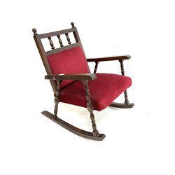 Child’s rocking chair, upholstered seat and back, bobbin turned supports 